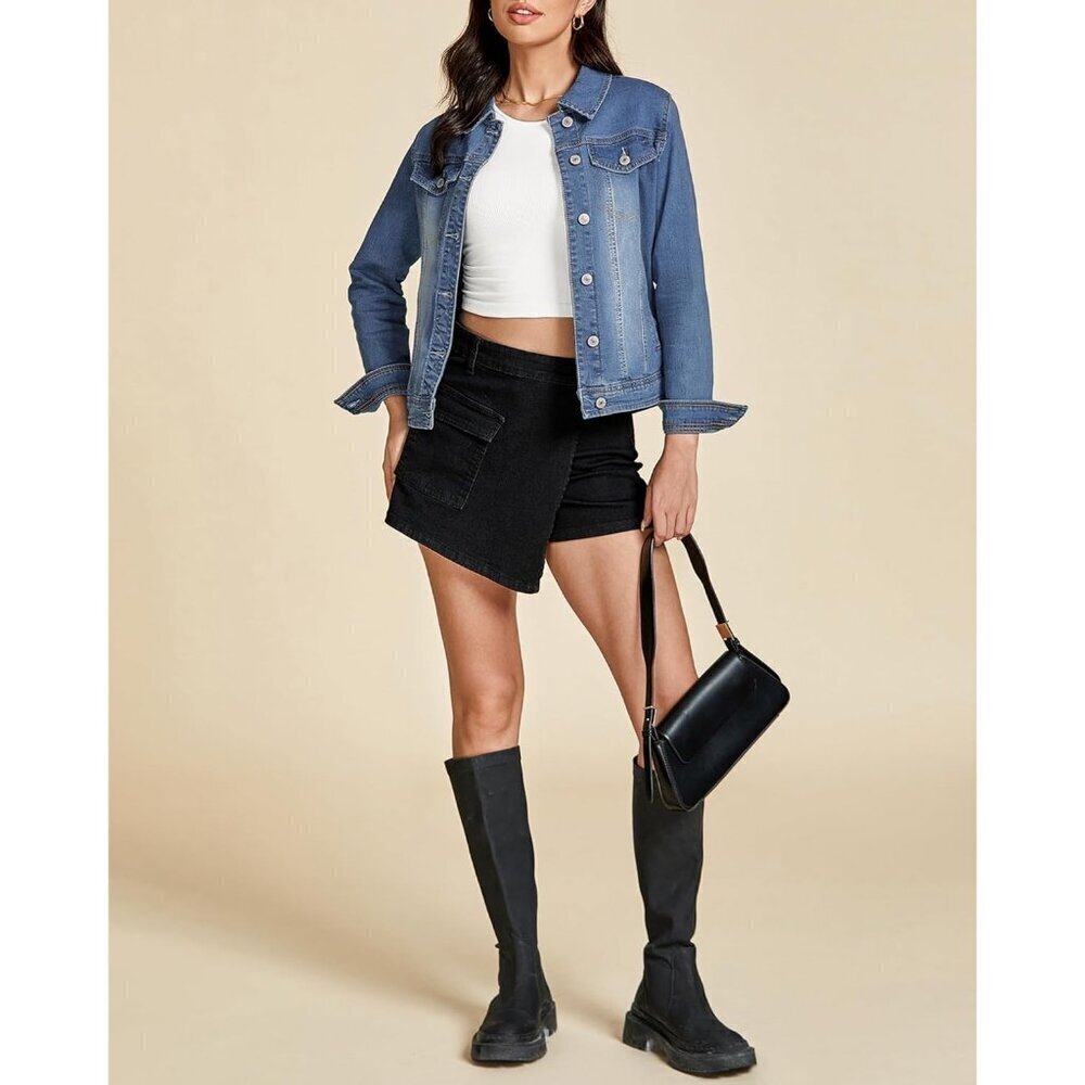 Women's Basic Long Sleeves Button Down Fitted Denim Jean Jacket Vintage Blue - Picture 7 of 9